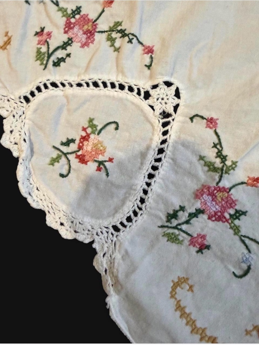 Hand-Embroidered White Floral Lace 30” Tablecloth